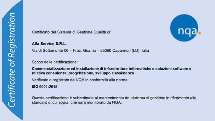 Certificazione ISO 9001 Certificazione ISO 9001 Alfa Service
