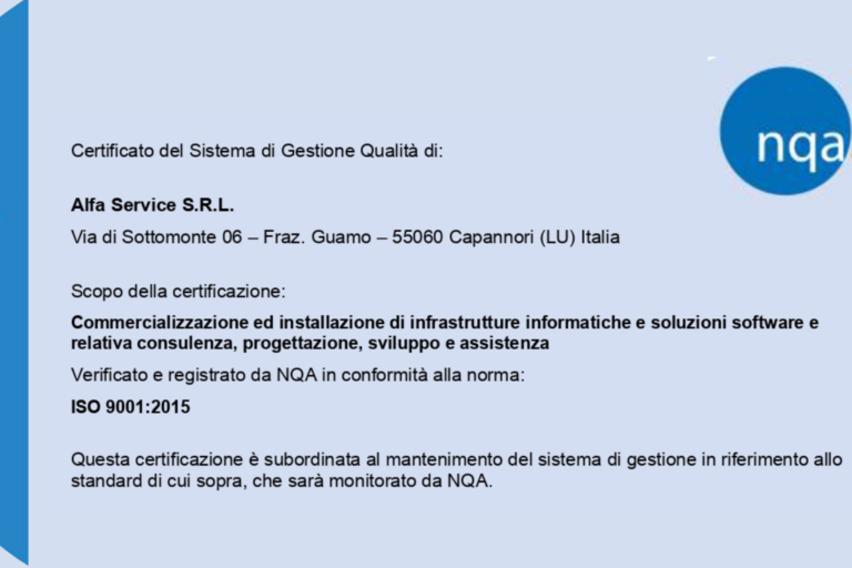 Certificazione ISO 9001 Alfa Service